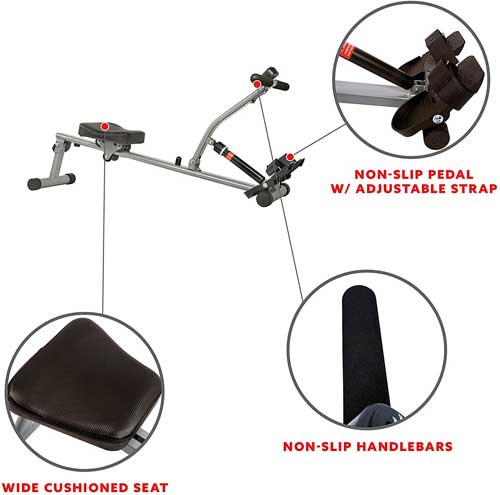 Rowing Machine Comfort Features: Padded Seat Cushion, Foam No-Slip Handlebars and Adjustable Pivoting Foot Pads